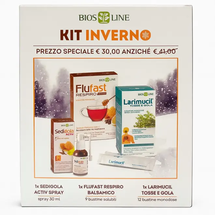 Bios Line Kit Inverno Sedigola Spray 30 ml + Flufast Respiro Balsamico 9 bustine + Larimucil Tosse e Gola 12 bustine
